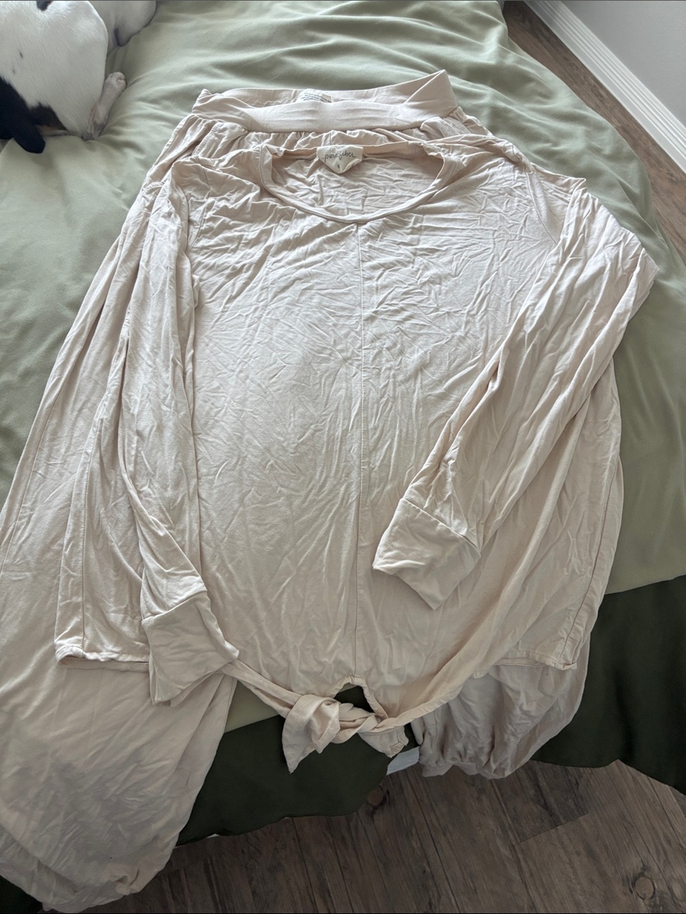 Light Beige Tie-Front Long Sleeve Women's Top and bottoms pajamas